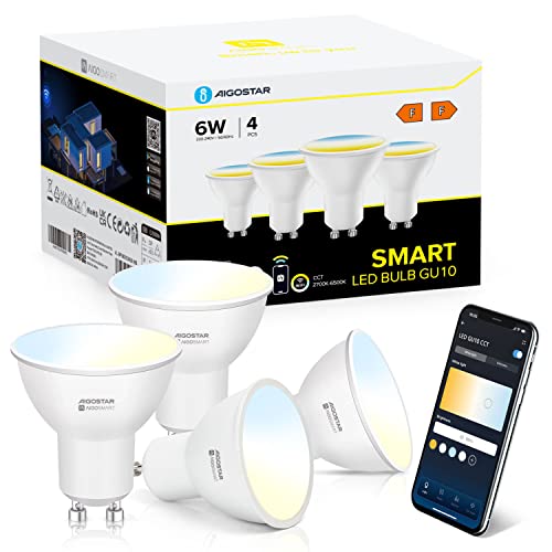 Aigostar GU10 Smart Bulbs, Alexa Smart Bulb, 6W Dimmable Smart Light Bulb Compatible with Alexa and Google Home, Warm to Cool GU10 LED Bulbs, 120°Beam Angle LED Spot Lights 4 Pack (2.4GHz WiFi Only)