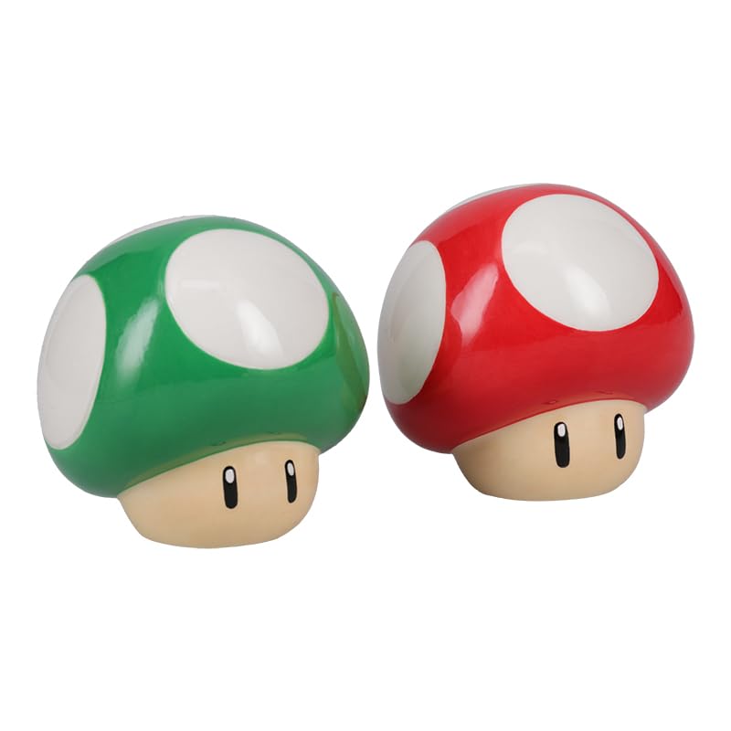 Super Mario Brothers Mushroom Salt and Pepper Shakers Officially Licensed Nintendo Red & Green 1-Up Ceramic Set for Kitchen & Home Decor, Housewarming Gift for Movie and Gaming Fans | Paladone