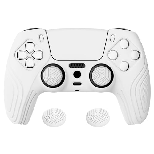 eXtremeRate PlayVital Samurai Edition White Anti-slip Controller Grip Silicone Skin for ps5, Ergonomic Soft Rubber Protective Case for ps5 Controller with White Thumb Stick Caps