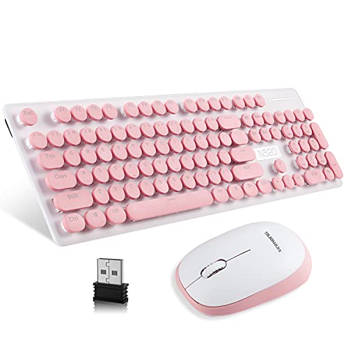 AJAZZ A3060 - Pink PC USB Wireless Keyboard and Mouse Set, 84 Keys Retro Typewriter Round Key caps 65 percent, Small Cordless Aesthetic Mouse, Compatible Mac Laptop Computer for office game