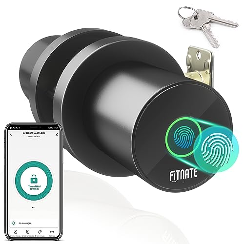 FITNATE Smart Lock Fingerprint Door Knob, Biometric Door Lock Fingerprint Key with App Control, Bluetooth Smart Deadbolt, Touch to Digital Door Lock for Bedroom,Home,Hotel,Office, Black