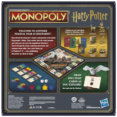 Monopoly Harry Potter Edition Family Board Game for Boys and Girls 8+ Years Old, for 2-6 Players, 6 Golden Tokens, incl. Hippogriff, with Iconic Hogwarts Locations, for Kids and Adults