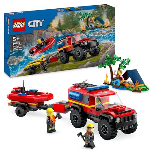 LEGO City 4x4 Fire Engine with Rescue Boat Building Toys for 5 Plus Year Old Boys & Girls, Imaginative Play Set Includes a Dinghy, Trailer, Tent, Camper and 2 Firefighter Minifigures, Gift Idea 60412