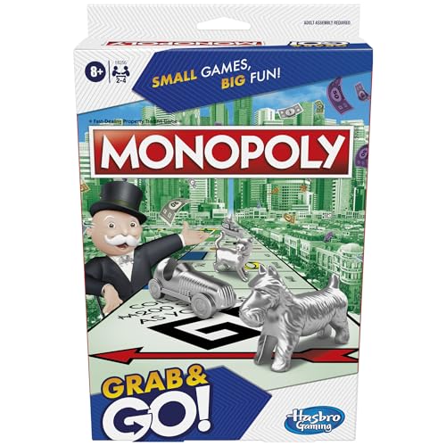 Monopoly Grab and Go Game, Portable Game for 2-4 Players, Travel Game for Kids