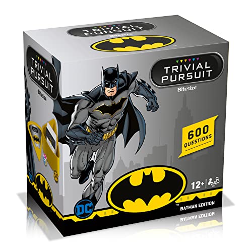 Winning Moves DC Comics Batman Trivial Pursuit Bitesize Card Game, 600 questions on your favourite characters with Batman, Joker, Harley Quinn and Teen Titans, Trivial game for ages 12 plus