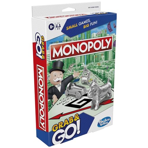 Monopoly Grab and Go Game, Portable Game for 2-4 Players, Travel Game for Kids