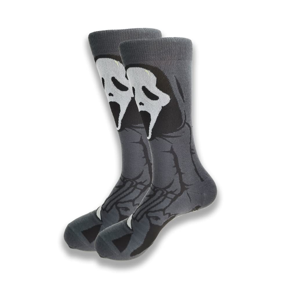 EZB Ghostface Horror Film Halloween Movie Character Grey & White Crew Socks | Gift Idea for Men & Women | Size 5-10 | Scream