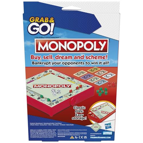 Monopoly Grab and Go Game, Portable Game for 2-4 Players, Travel Game for Kids