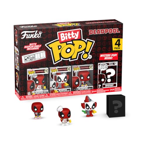 Funko Bitty Pop! Deadpool (Backyard Griller), Deadpool (Clown), Deadpool (Bedtime), and a mystery Bitty Pop! figure - 0.9 Inch (2.2 Cm) Collectable - Stackable Display Shelf Included