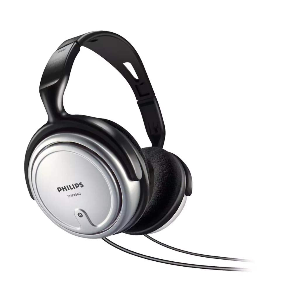 PHILIPS Audio SHP2500/10 Hi-Fi Headphones, TV Headphones with Long Cable (Excellent Sound, Sound Isolation, In-Cord Volume Control, Extra Long 6-m Cable) Silver/Black