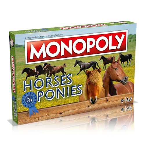 Winning Moves Horses and Ponies Monopoly Board Game, Pick your bespoke equestrian token, advance to Pasa Fino, Appaloosa or Friesian, 2 plus player family game for ages 8 plus