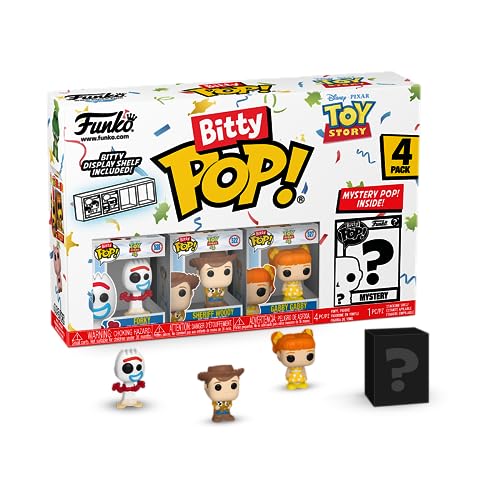 Funko Bitty Pop! Toy Story - Forky 4PK - Forky, Woody, Gabby Gabby and A Surprise Mystery Mini Figure - 0.9 Inch (2.2 Cm) Collectable - Stackable Display Shelf Included - Gift Idea - Cake Topper