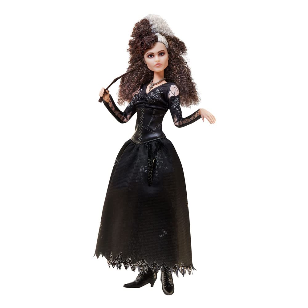 Mattel Harry Potter Collectible Bellatrix Lestrange Doll (10-inch, Curly Hair) Wearing Signature Black Dress and Necklace, with Wand, Gift for 6 Year Olds and Up, HFJ70