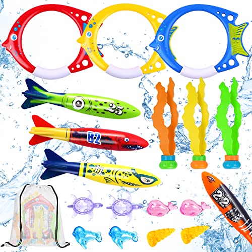 DIYDEC 18pcs Diving Pool Toys, Swimming Pool Toys Set with Diving Rings, Diving Torpedo, Diving Seagrass, Marine gem Underwater Training Diving Game Toys for Kids Summer Swimming Pool Party