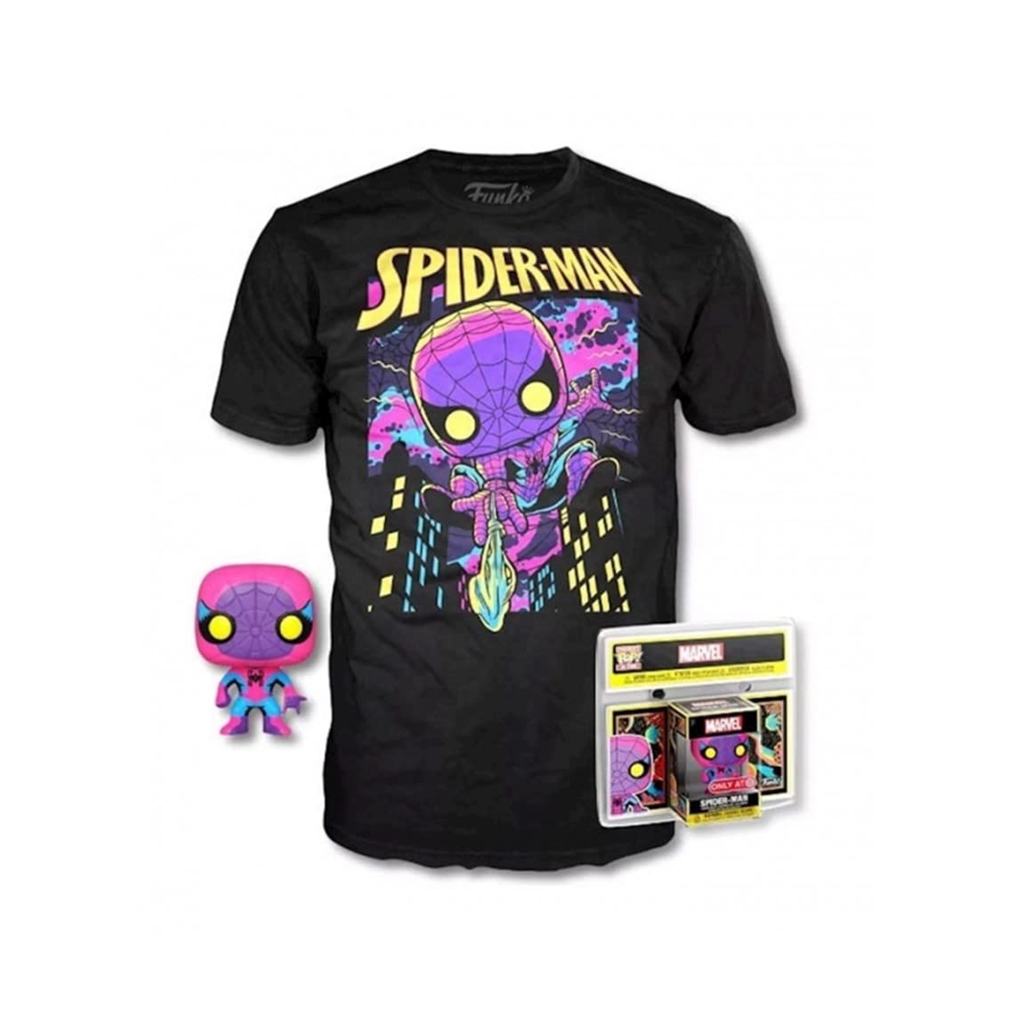 Funko Pop- Pop & Tee Marvel Spiderman Black Light T-Shirt Size M Playsets, Multicolor (889698554886)