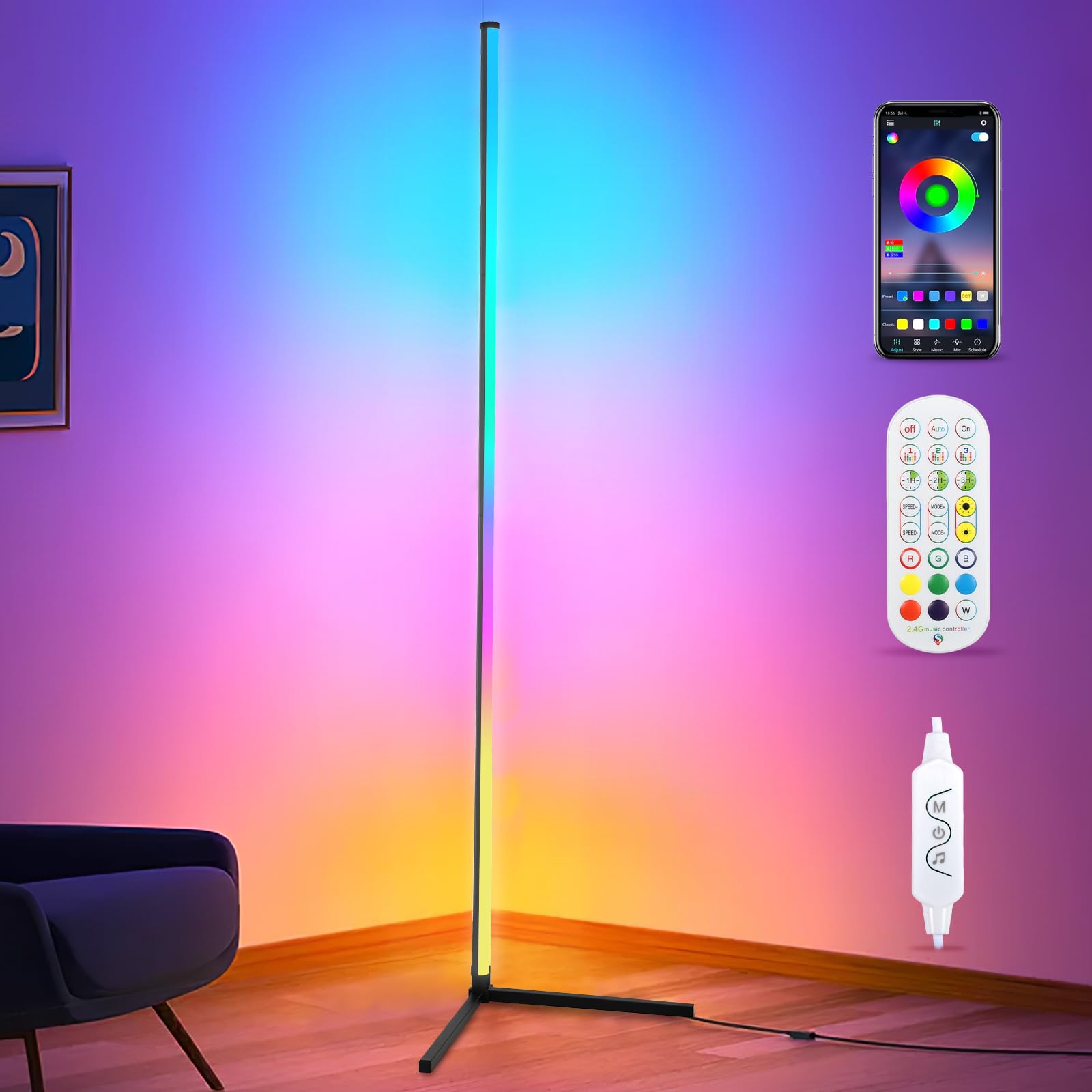 Mersyn Smart LED Floor Lamp, 160CM RGB Corner Floor Lamp 16 Million Color Changing Mood Light with Music Sync, Remote & App Control, DIY Mode & Timing, Modern Mood Lighting for Living Room