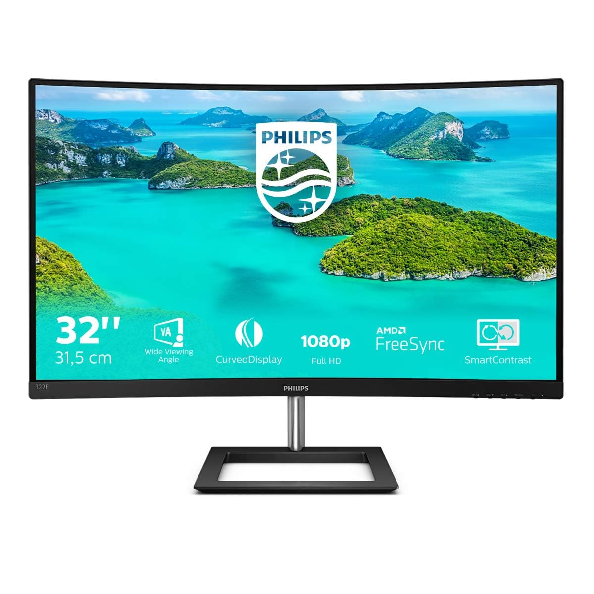 Philips 322E1C - 32 inch FHD Curved Monitor,75Hz, 4ms, VA, AMD FreeSync, Smart Image, Flicker free (1920 x 1080 , 250 cd/m² VGA/HDMI/DP/)