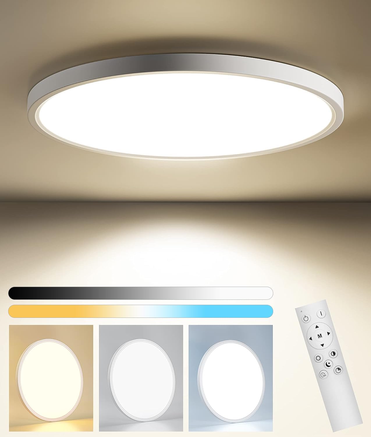 bedee 12 Inch 24W LED Ceiling Light 3000K-6500K Dimmable Ceiling Lights IP44 Bathroom Light 2880lm Flush Kitchen Lighting 2.4cm Ultra Thin Led Lights for Bedroom Livingroom Hallway Office Garage