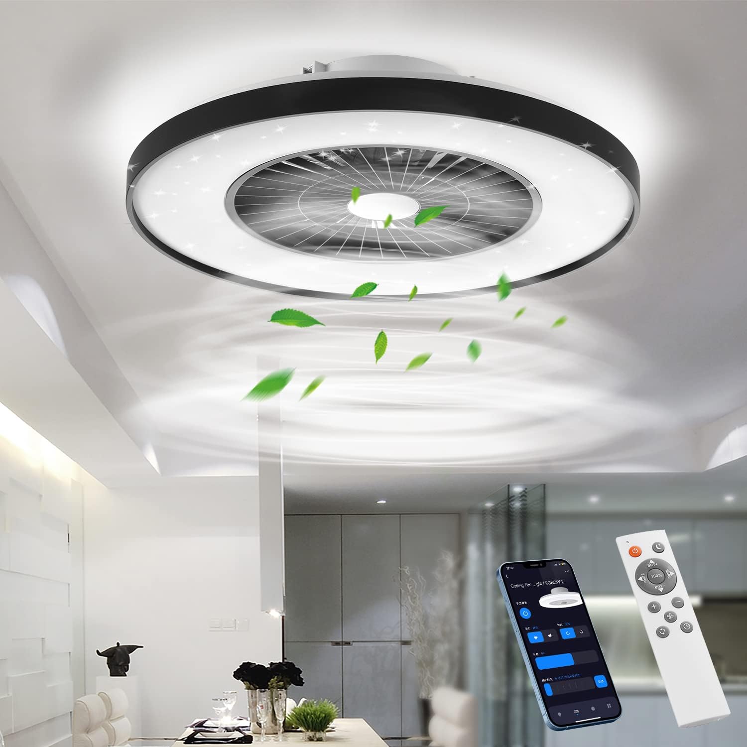 BKZO Smart LED Ceiling Light with Fan, Ceiling Fan Lights Stepless Wind Speed Adjustment, Stepless Dimming Light, Modern Fan Lighting, 3000-5500K, Black Frame