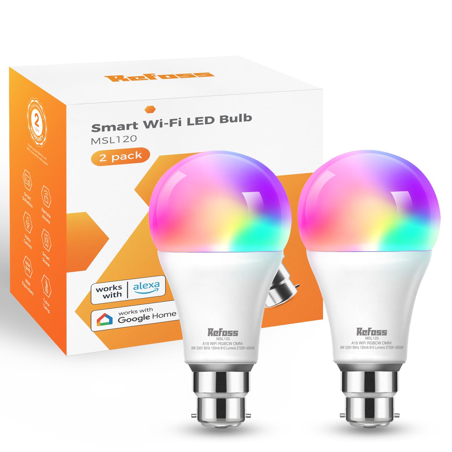 Refoss Smart Light Bulb Alexa b22 Bayonet WiFi Led Bulb 9W with Colour Changing Light, 810LM Dimmable (Warm/Cool) Smart Bulbs Works with Alexa(Echo and Echo Dot), Google Home - 2 Packs