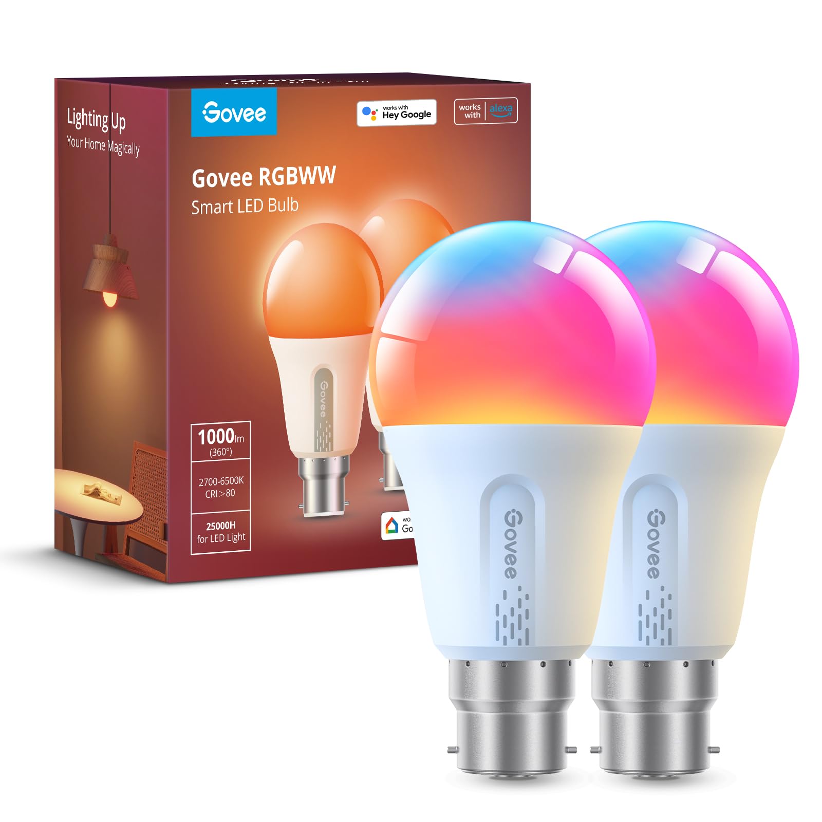 Govee Smart A19 LED Light Bulbs, 1000lm RGBWW Dimmable, Wi-Fi Colour Changing LED Bulbs, Works with Alexa & Google Assistant No Hub Required, 75W Equivalent Smart Bulbs 2 Packs