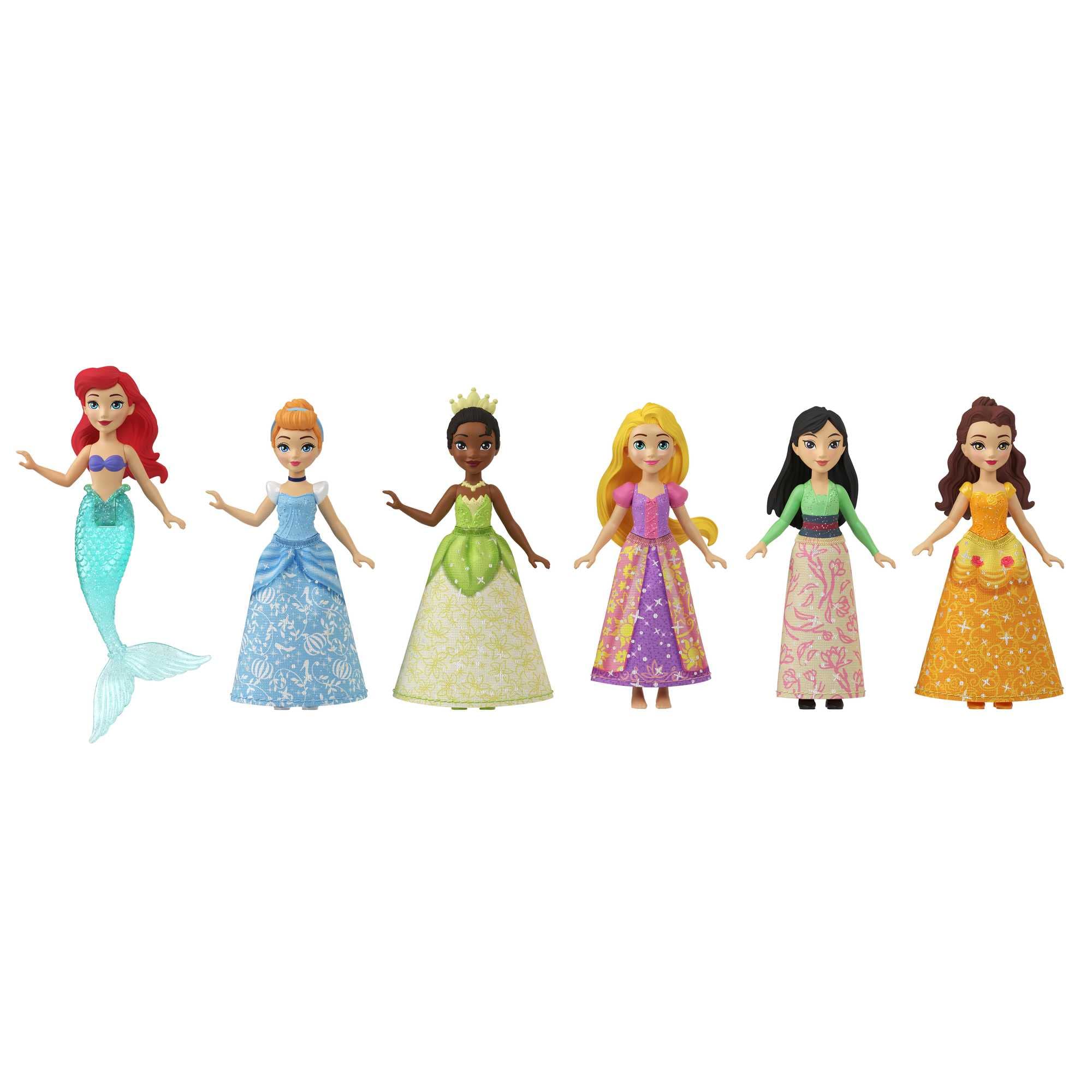 Mattel Disney Princess Toys, 6 Posable Small Dolls with Sparkling Clothing and 13 Tea Party Accessories Inspired by Disney Movies, JCR91