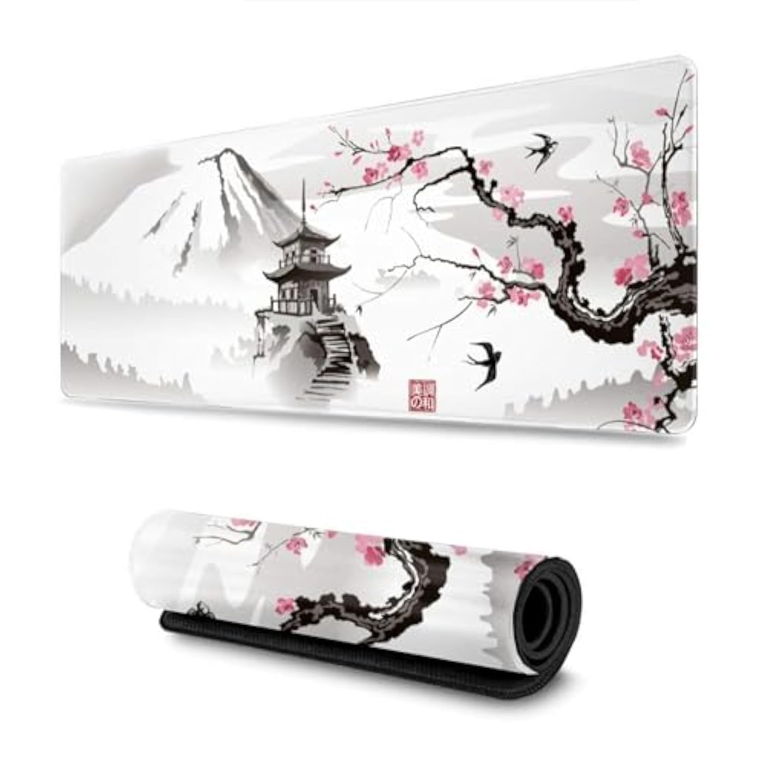 YISHOW White Cherry Blossom Branch Japanese Oversized Gaming Mouse Pad XL Pagoda Mouse Pad & Desk Pad with Stitched Edges Long Non-Slip Rubber Backing 80 x 30 cm