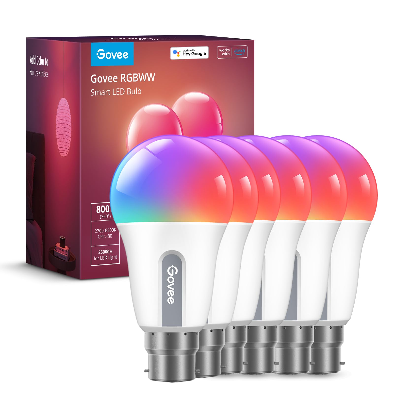 Govee RGBWW Smart Light Bulbs, Colour Changing LED Bulbs with Music Sync, 54 Dynamic Scenes 16 Million DIY WiFi & Bluetooth LED Bulbs Work with Alexa, Google Assistant Home App, 6 Packs