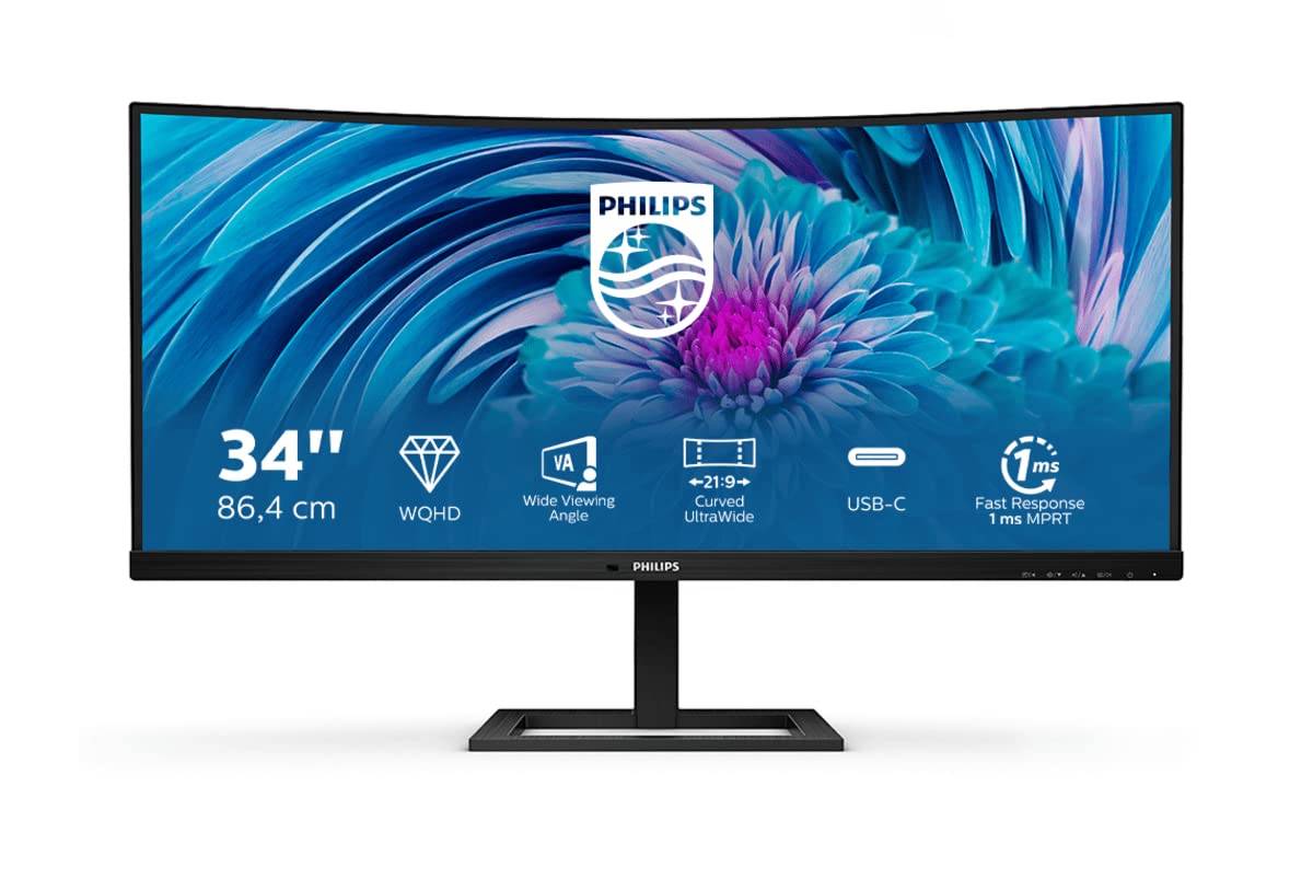 Philips Monitors 346E2CUAE - 34 inch WQHD Curved Monitor, 100Hz, 1ms, VA, USB-C Dock, Speakers , Height Adjust (3440 x 1440, 300 cd/m² HDMI / DP / USB-C)