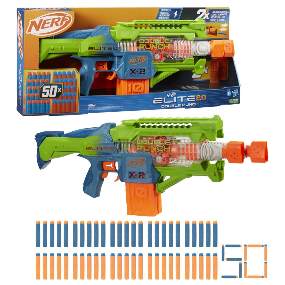 Nerf Elite 2.0 Double Punch Motorised Dart Blaster Toy For Kids | Rapid Alternating Barrels | with 50 Elite Foam Darts | Double Clip Blasting | Outdoor Games Gift Idea for 8+ Year Old Boys and Girls