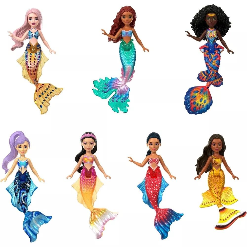 Mattel Disney The Little Mermaid Ariel and Sisters Small Doll Set, Collection of 7 Mermaid Dolls, Toys Inspired by the Movie, HLX17