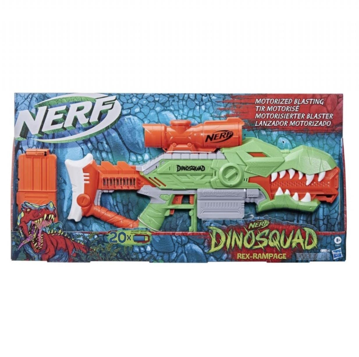 Nerf DinoSquad Rex-Rampage Motorised Dart Blaster, 10-Dart Clip, 20 Nerf Darts, 10-Dart Storage- T-Rex Dinosaur Design 8.6 x 61 x 34 cm