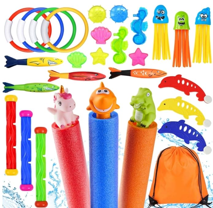 Lubibi 29pcs Pool Diving Toys Set Swimming Pool Toys with Cute Animal Water Pistol, Diving Sticks, Underwater Diving Game Pool Training Toys for kids with Storage Bag