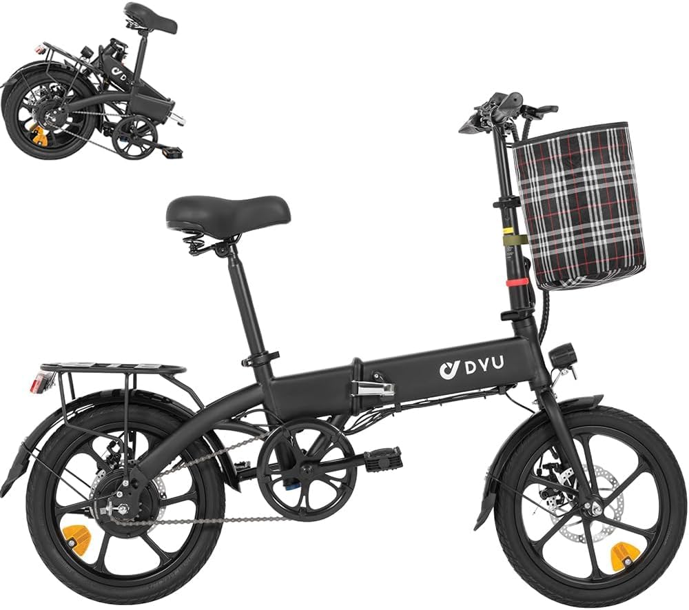 DYU Electric Bike for Adults Teens,16" Folding Electric Bicycle,Commuter City E-Bike with 250W Motor and 36V 7.5Ah Battery,Height Adjustable,Battery Indicator,Front Basket,Compact Portable