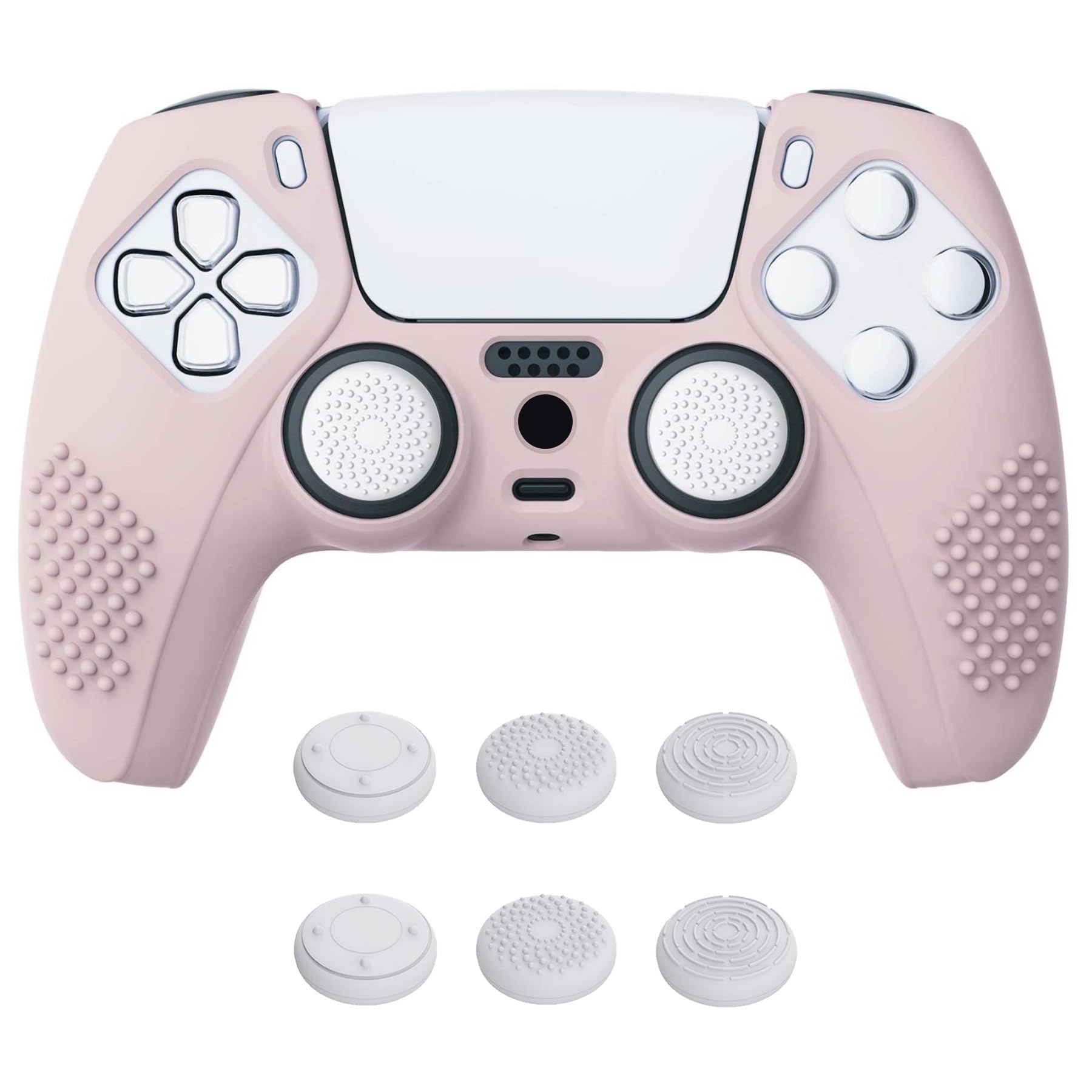 eXtremeRate PlayVital Cherry Blossoms Pink 3D Studded Edition Anti-slip Silicone Cover Skin for ps5 Controller, Soft Rubber Case for ps5 Wireless Controller with 6 White Thumb Grip Caps