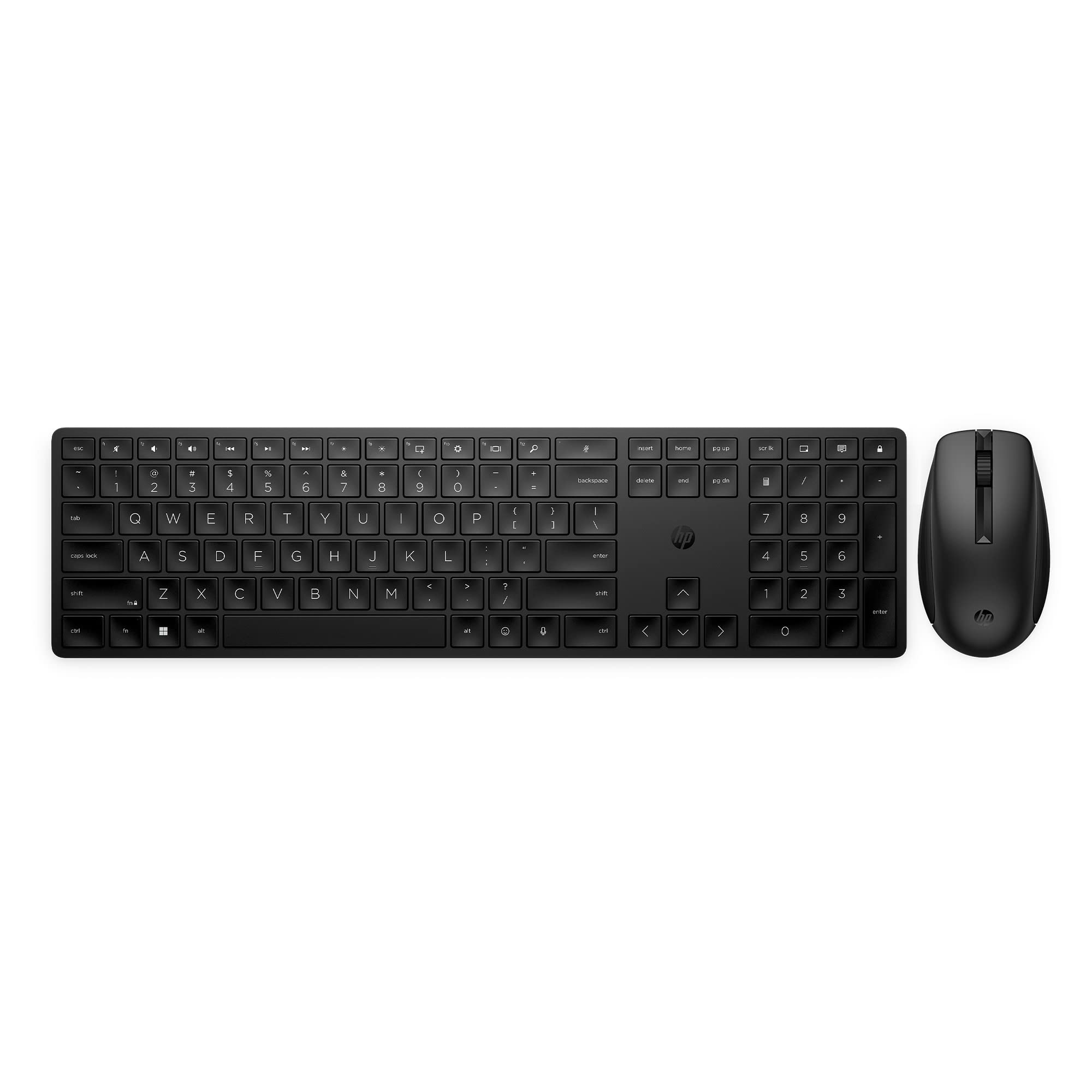 HP 650 Wireless Keyboard & Mouse Set. 20+ customisable keys and mouse sensitivity, 20+ months battery, multi-surface use, made with 60% recycled materials. 4 batteries and nano dongle included