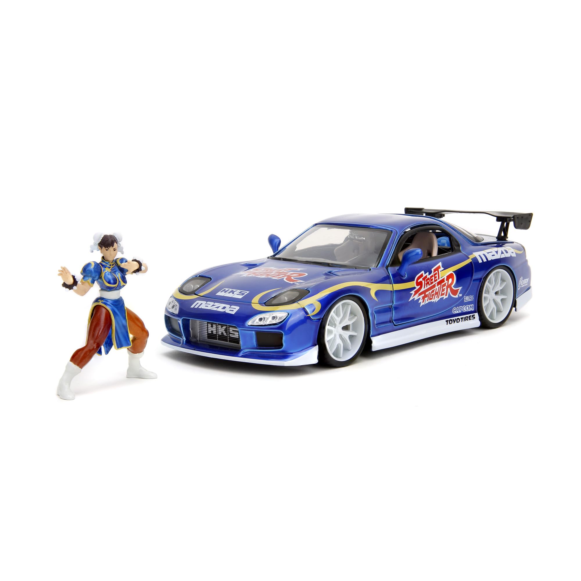 Jada Street Fighter 1:24 1993 Mazda RX-7 Die-Cast Car & 2.75" Chun-Li Figure, Toys for Kids and Adults, Blau