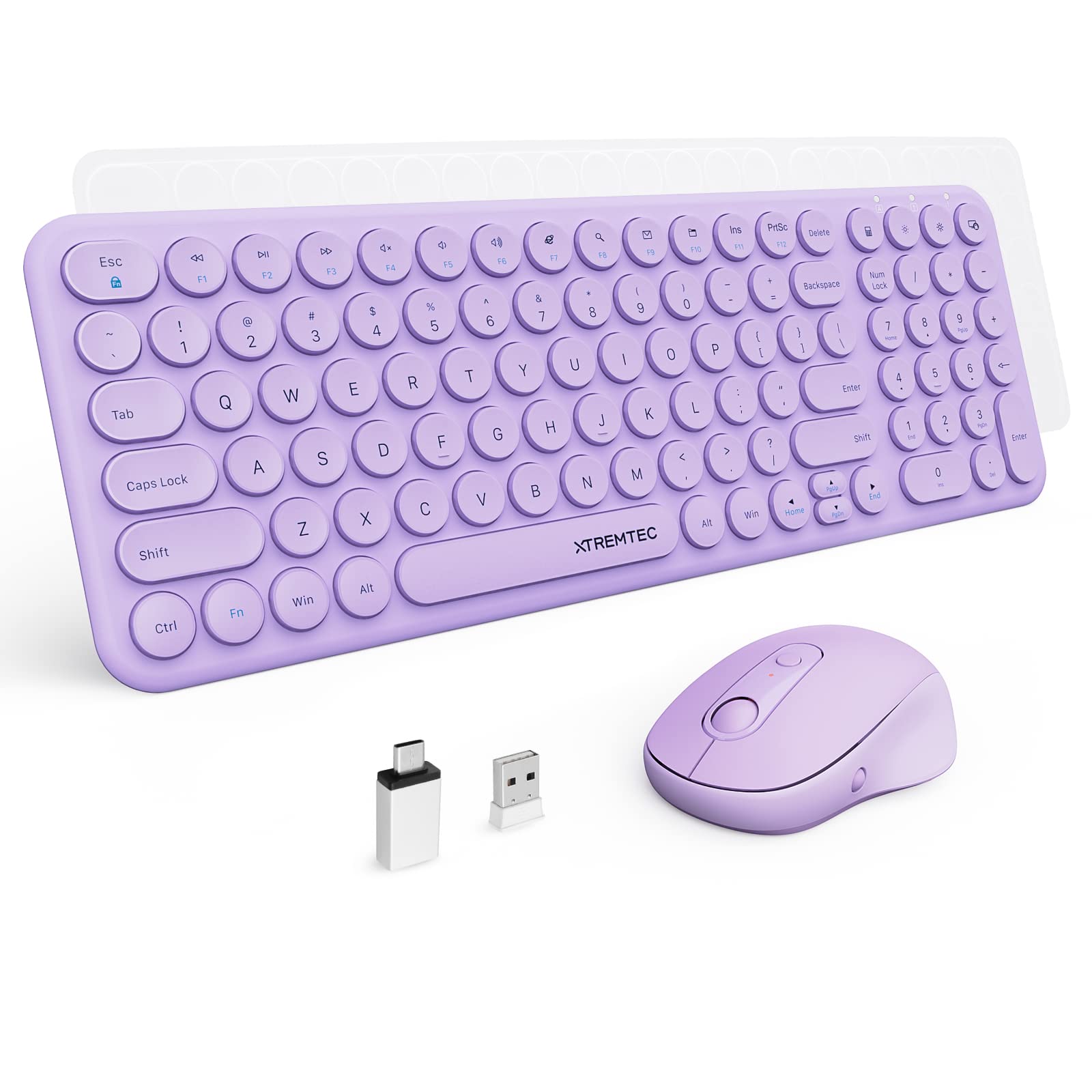 Wireless Keyboard and Mouse, XTREMTEC Compact Size Cute Keyboard Retro Round Keycap - 2.4GHz Ultra-Slim Quiet Aesthetic Keyboard for Laptop iMac Windows US Layout(Purple)