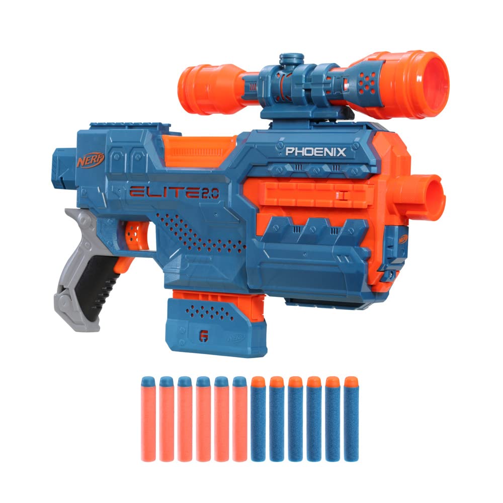 Nerf Elite 2.0 Phoenix CS-6 Motorized Blaster, 12 Official Nerf Darts, Scope, Clip, Built-In Customizing Capabilities, Multicolor, One Size, (E9961F03)