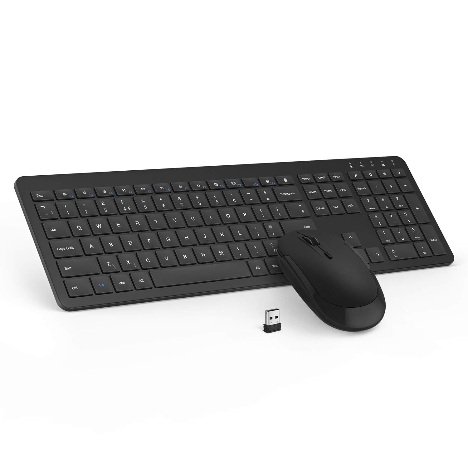 Wireless Keyboard and Mouse Set, seenda Full Size Ultra Slim Quiet USB Wireless Keyboard and Mouse QWERTY UK Layout with Numeric Keypad for Windows PC, Laptop, Computer, Black