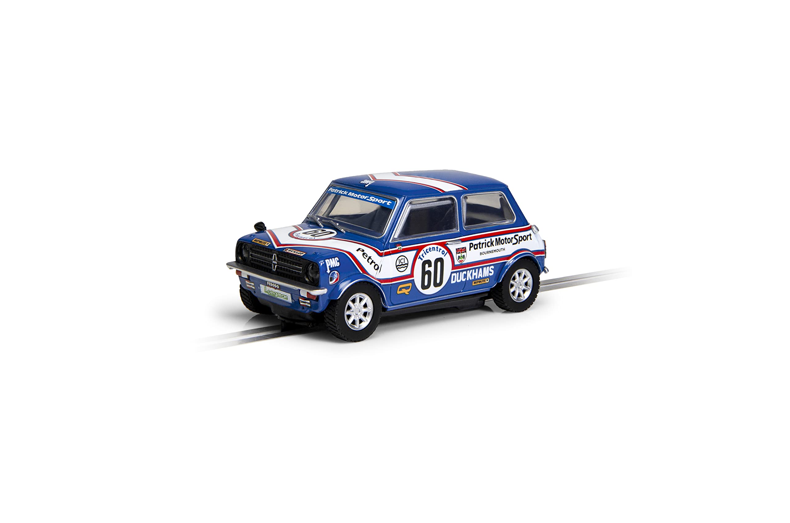 Scalextric Mini 1275GT - Patrick Motorsport - Richard Longman 1979. Classic Touring., Blue/White