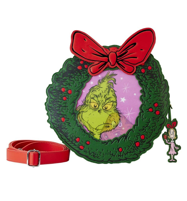 Loungefly Dr Seuss Grinch Christmas Wreath Figural Crossbody Bag Green