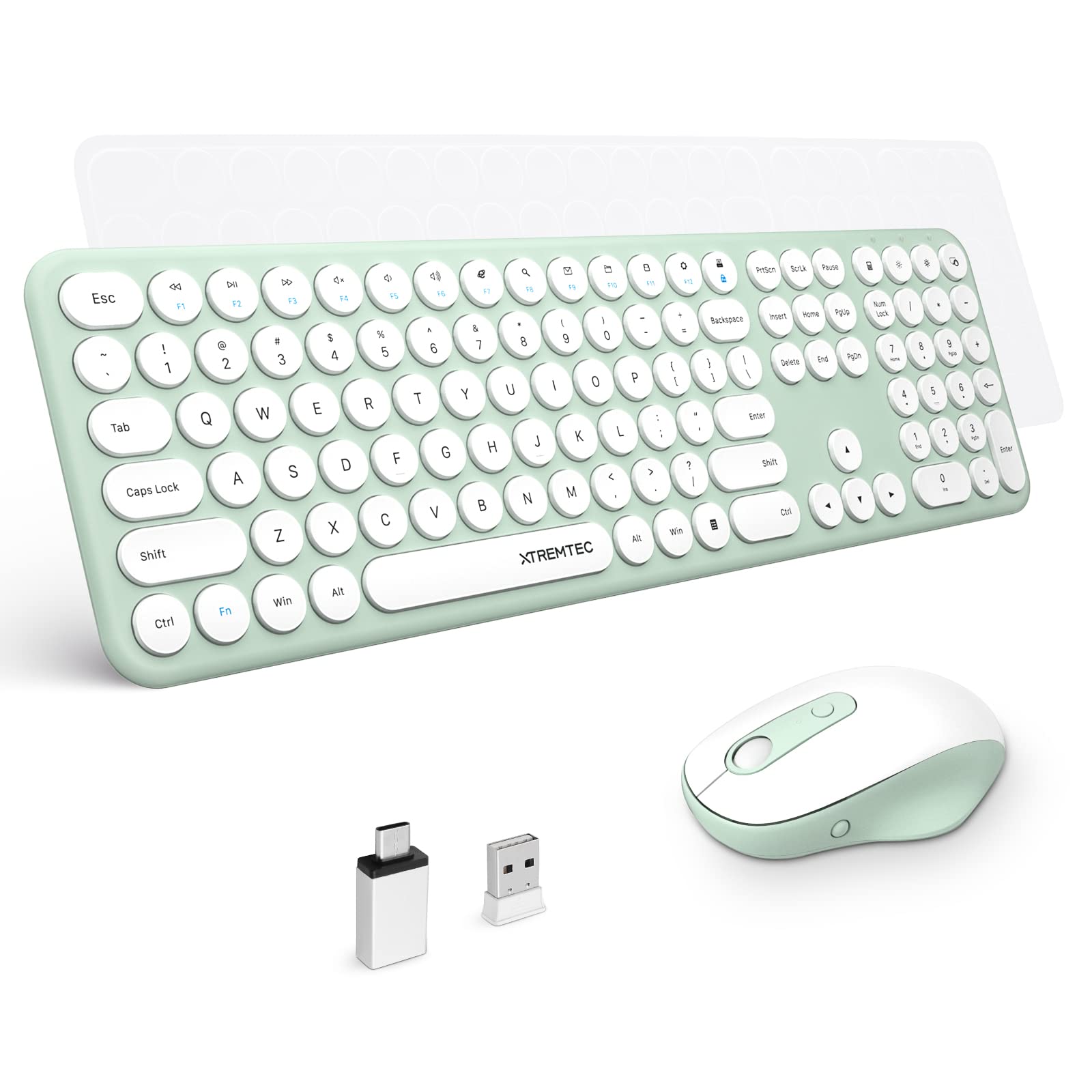 XTREMTEC 2.4G Full Size Wireless Keyboard and Mouse Combo - Ultra Slim Silent Cute Computer Keyboard with USB Receiver for Windows, OS, PC, Desktop, Mac, Tablet US Layout(Green A)