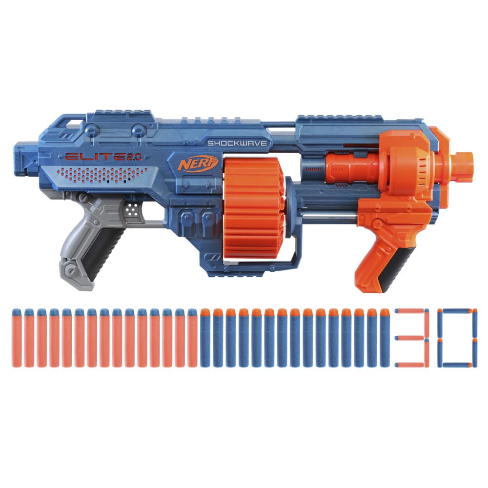 Nerf Elite 2.0 Shockwave RD-15 Blaster, 30 Nerf Darts, 15-Dart Rotating Drum, Pump-Action Slam Fire, Built-In Customising Capabilities