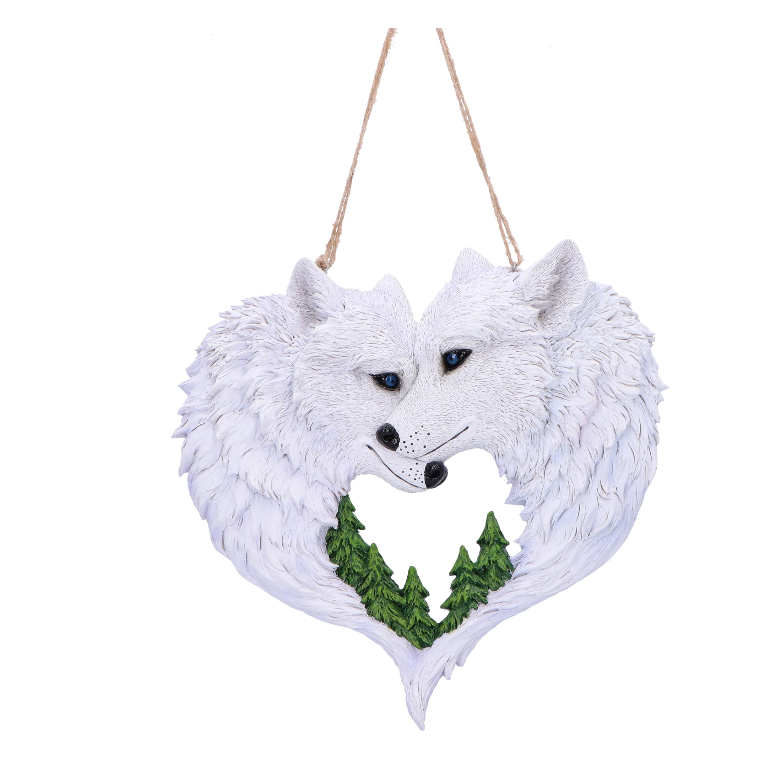 Nemesis Now Snow in Love Hanging Sculpture 20cm, Resin, White, Wolf Hanging Wall Decoration, Wolf Wall Art, Wolf Giftware, Cast in the Finest Resin, Expertly Hand-Painted