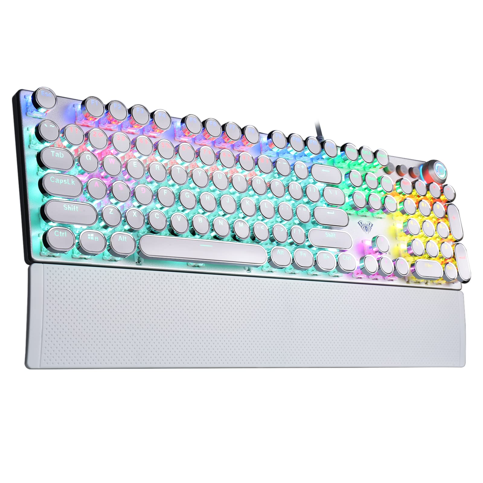 AULA F2088 Typewriter Style Mechanical Gaming Keyboard Blue Switch, with Removable Wrist Rest, Media Control Knob, Rainbow Backlit, Retro Punk Round Keycaps, 108 Keys Wired Computer Keyboard, White