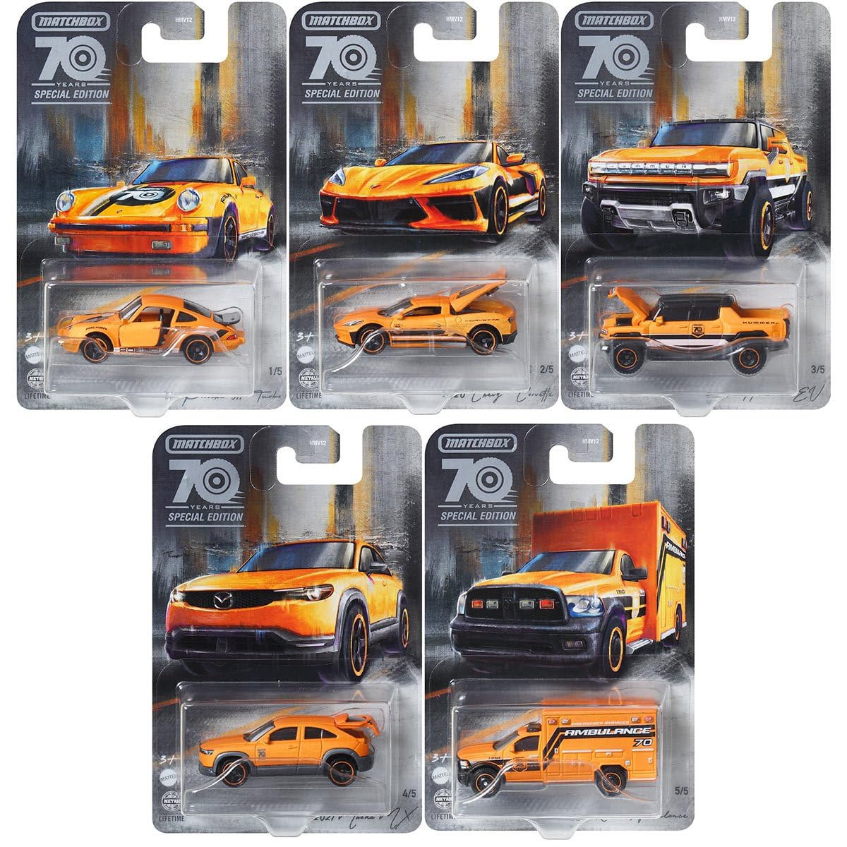 Matchbox 2023 70th Anniversary Special Edition Moving Parts Complete Set of 5 Diecast Vehicles from HMV12-956A Release, Orange