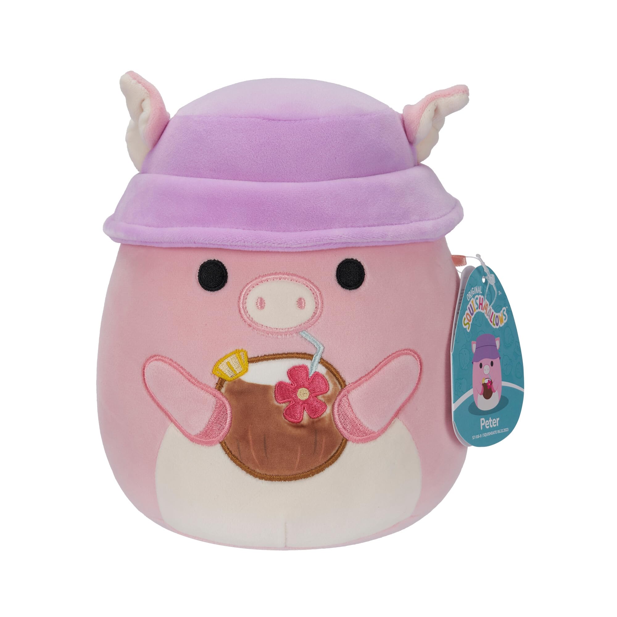 Squishmallows SQCR05382 la Vache Rose 7.5-Inch-Peter The Pink Pig with Tropical Drink and Bucket Hat, Multicolour