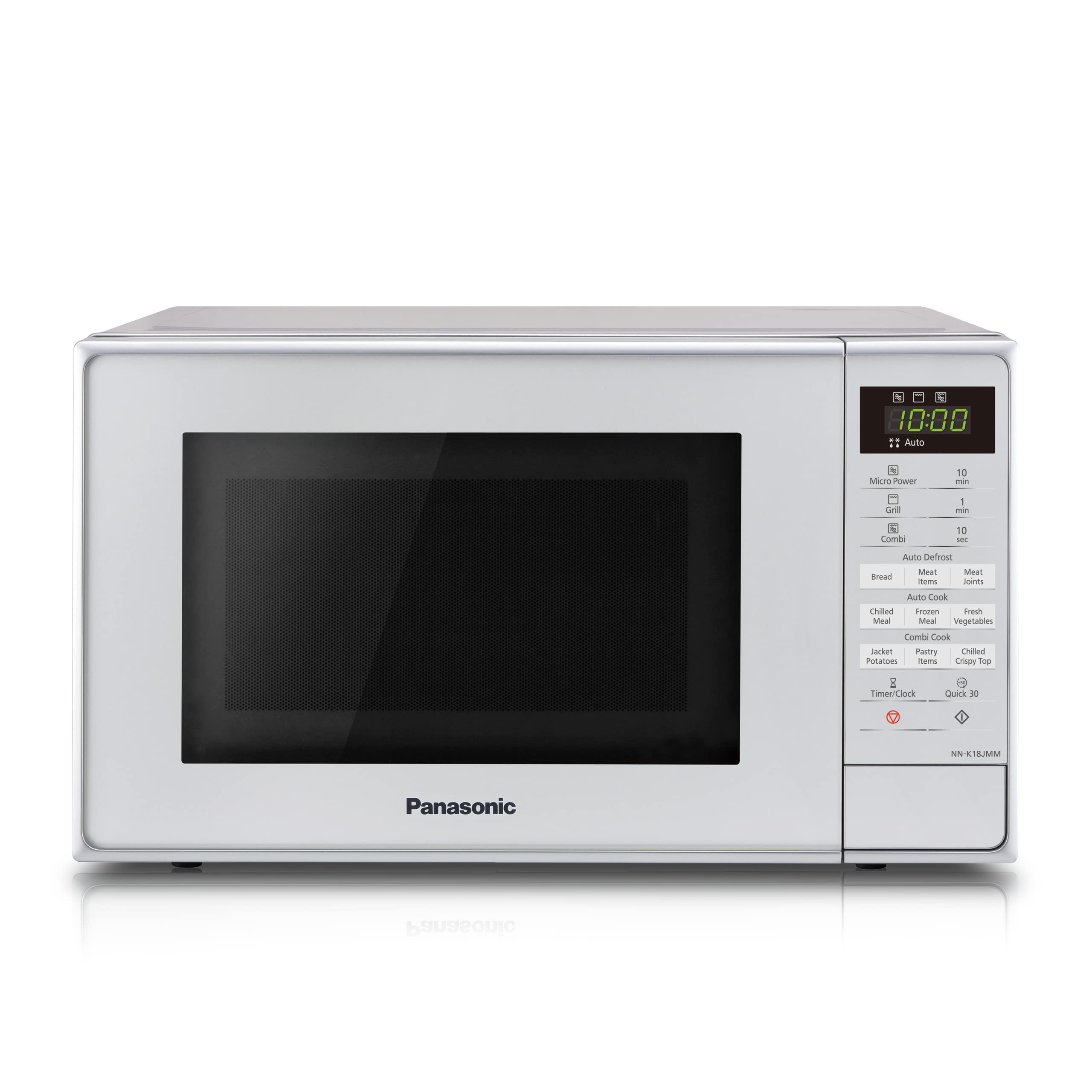 Panasonic NN-K18JMMBPQ Microwave Oven with Grill and Turntable, 800w, 1000w Grill, 5 Power Setting, 9 Auto Programmes, 20 Litres, Auto Defrost, Silver