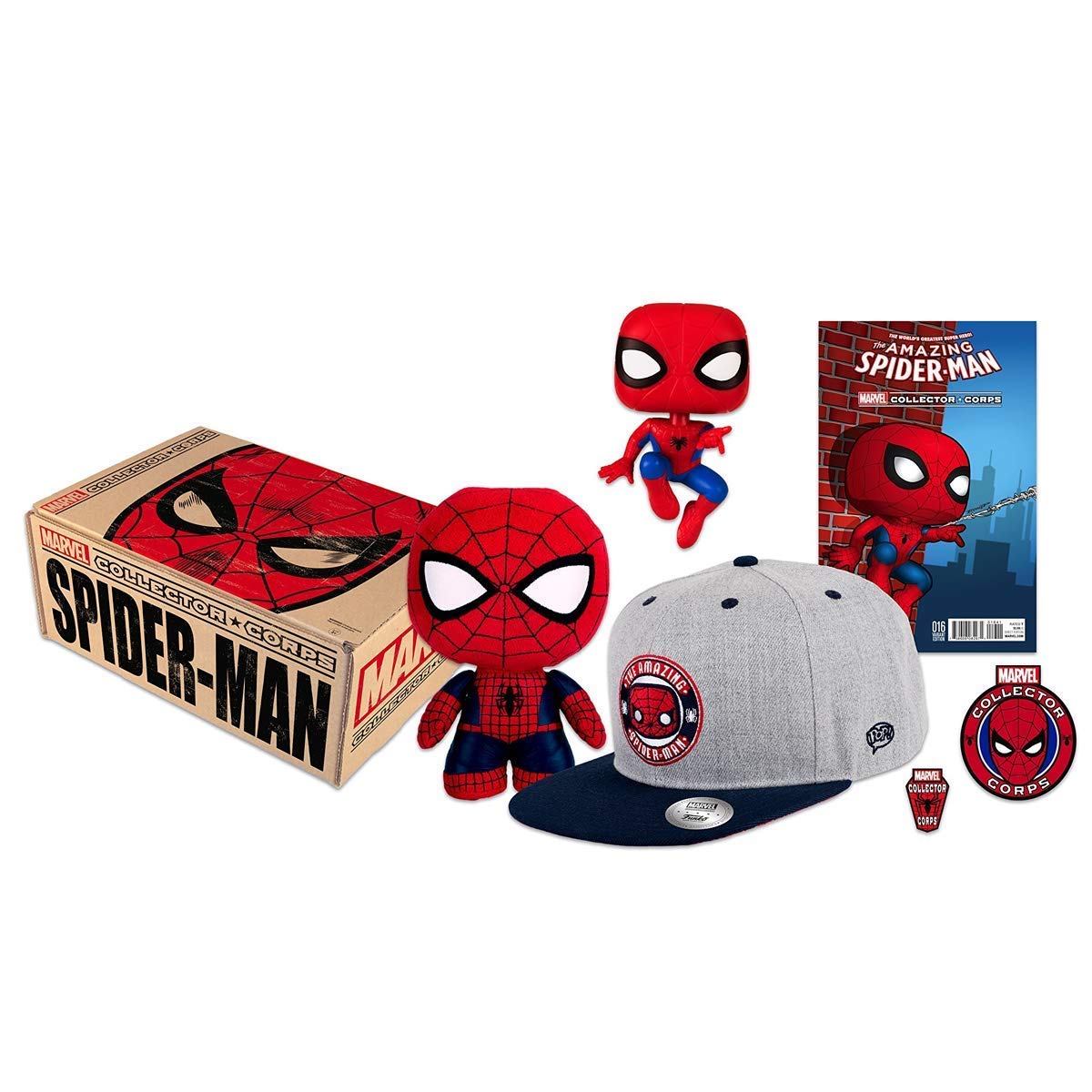 Funko Marvel SPIDER-MAN COLLECTOR CORPS Box (Spider-Man POP! #160 Vinyl Bobble-Head, Fabrikations #32 Plush Figure, #016 Variant Edition Comic + and more!)